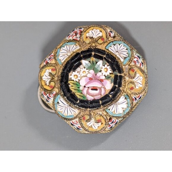 Vintage Italian Micro Mosaic Pendant Pink Rose Flower Square Brass Daisy - Picture 4 of 11